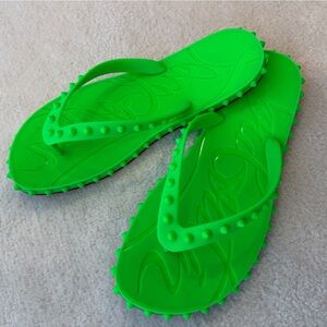 Louboutin Spikes Neon Green Rubber Flip-Flops Red Bottoms